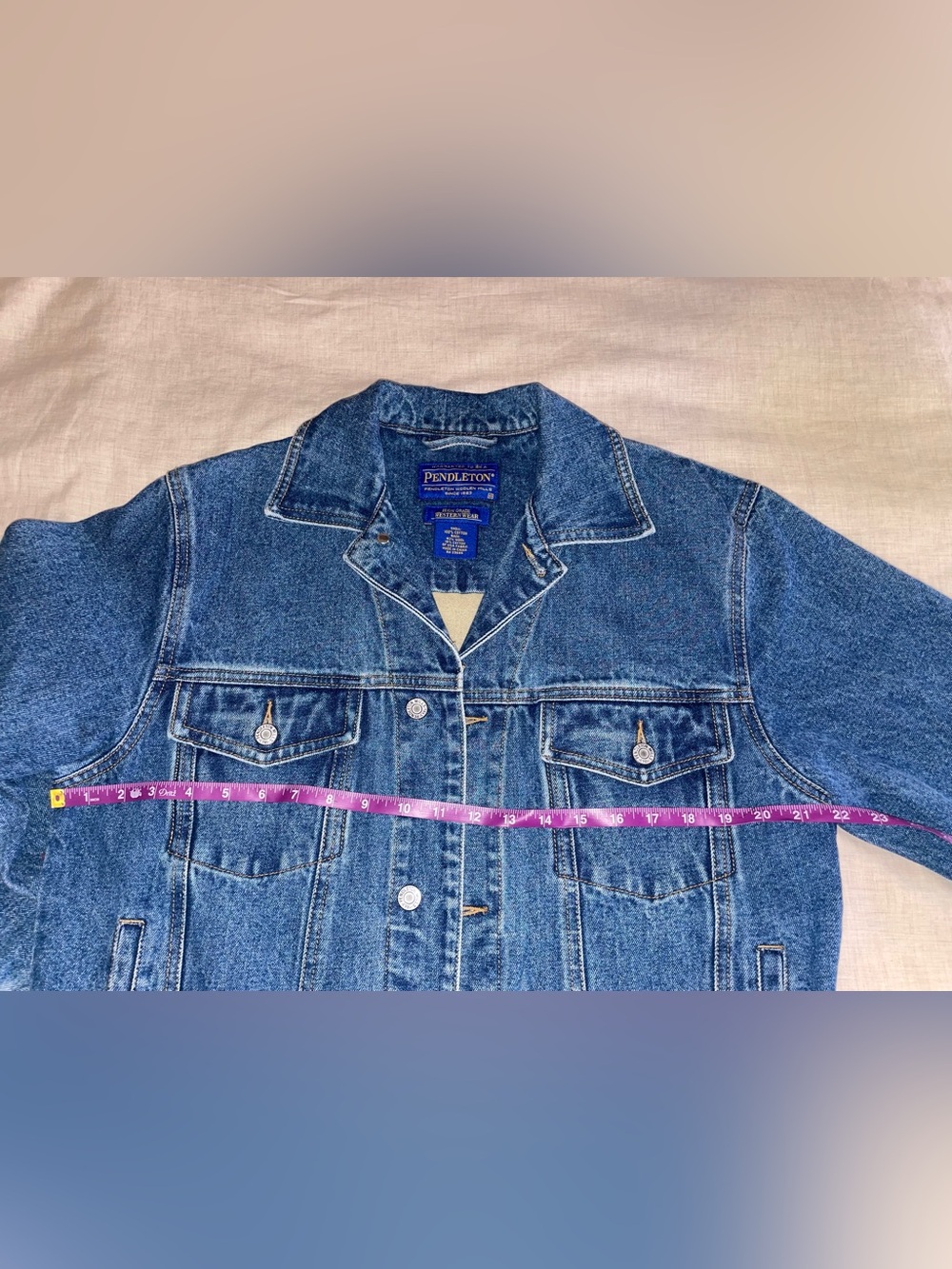 Pendleton Denim Jean Jacket Wool Aztec Geometric Panel Patch - Picture 4 of 13